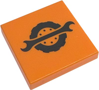 LEGO part Tile 2 x 2 with Black Spanner Wrench and Wheel Pattern (3068pb2566)