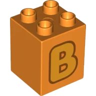 LEGO onderdeel Duplo, Brick 2 x 2 x 2 with Bright Light Orange Capital Letter B with Reddish Brown Outline Pattern (31110pb145)