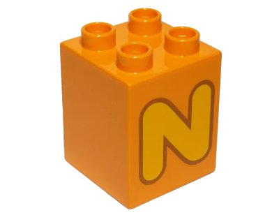 LEGO onderdeel Duplo, Brick 2 x 2 x 2 with Bright Light Orange Capital Letter N with Reddish Brown Outline Pattern (31110pb156)
