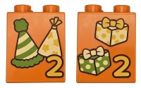 LEGO part Duplo, Brick 2 x 2 x 2 with Number 2 and Bright Light Yellow, Yellow and Lime Party Hats with Stripes and Stars / Presents / Gifts with Bows Pattern 31110pb195