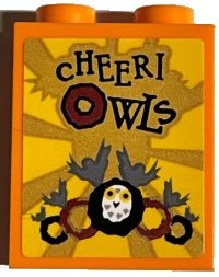 LEGO part Brick 1 x 2 x 2 with Inside Stud Holder with 'CHEERI OWLS' and Rings on Gold and Yellow Sunburst Background Pattern (Sticker) - Set 76389 3245cpb189