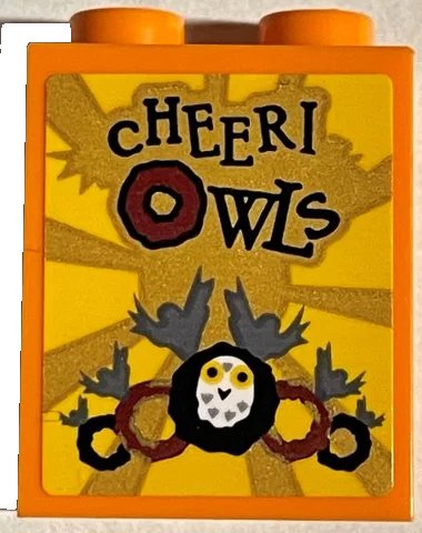LEGO onderdeel Brick 1 x 2 x 2 with Inside Stud Holder with 'CHEERI OWLS' and Rings on Gold and Yellow Sunburst Background Pattern (Sticker) - Set 76389 (3245cpb189)