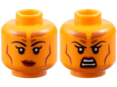 LEGO onderdeel Minifigure, Head Dual Sided Female Black Eyebrows, Dark Orange Forehead Markings, Dark Red Lips and Contour Lines, Lopsided Grin / Scowl Pattern - Vented Stud (3626pb3679)
