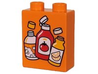 LEGO part Duplo, Brick 1 x 2 x 2 with White, Red and Bright Light Orange Bottles with Tomato and Lemon Pattern (Plastic Waste / Garbage) 4066pb798