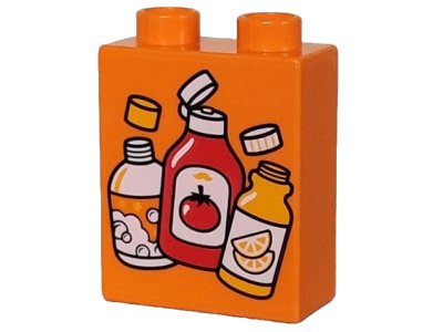 LEGO onderdeel Duplo, Brick 1 x 2 x 2 with White, Red and Bright Light Orange Bottles with Tomato and Lemon Pattern (Plastic Waste / Garbage) (4066pb798)
