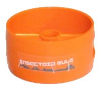 LEGO part Cylinder 4 x 4 x 1 2/3 with Pin Holes and Center Bar with Damage and 'INSECTOID RULE' Pattern (Sticker) - Set 5985 41531pb007R