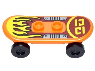 LEGO onderdeel Minifigure, Utensil Skateboard Deck with Yellow Flames and Silver Foot Plates Pattern (Sticker) with Black Wheels (42511pb16 / 2496) - Set 70592 (42511c01pb16)