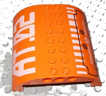 LEGO part Slope, Curved 8 x 8 x 2 Double with 'AT.02' and 'DANGER AMMUNITION' Pattern (Stickers) - Set 7706 (54095pb02)