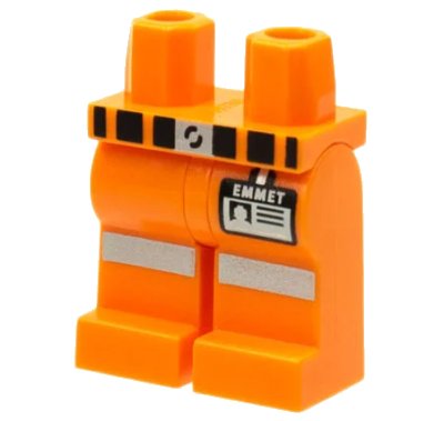 LEGO onderdeel Hips and Legs with Belt, Reflective Stripes and 'EMMET' Name Tag Pattern (970c00pb0282)