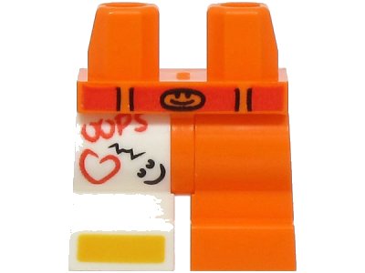LEGO part Hips and 1 Orange Medium Left Leg, 1 White Medium Right Leg with Red Belt, 'OOPS' and Heart, Black Smiley Faces, Bright Light Orange Shoe Tip Pattern (BAM) (970dm02pb01)