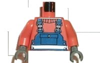 LEGO onderdeel Torso Town Construction Blue Overalls, Shirt and Silver Belt Pattern / Orange Arms / Dark Gray Hands 973pb0014c01