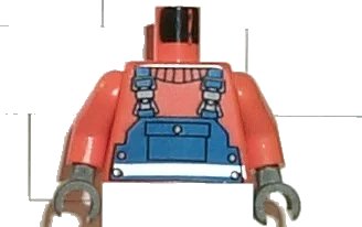 LEGO onderdeel Torso Town Construction Blue Overalls, Shirt and Silver Belt Pattern / Orange Arms / Dark Gray Hands (973pb0014c01)