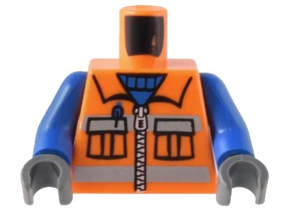 LEGO onderdeel Torso Town Construction Zipper Vest with Pockets and Blue Shirt Pattern / Blue Arms / Dark Bluish Gray Hands (973pb0263c01)