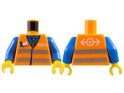 LEGO onderdeel Torso Safety Vest with Reflective Stripes with Pocket and Train Logo Pattern / Blue Arms / Yellow Hands (973pb0278c01)