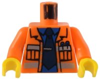 LEGO part Torso Town Construction Jacket Open, Silver Reflective Stripes, Blue Shirt, Dark Blue Tie Pattern / Orange Arms / Yellow Hands 973pb0415c01