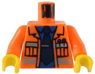 LEGO onderdeel Torso Town Construction Jacket Open, Silver Reflective Stripes, Blue Shirt, Dark Blue Tie Pattern / Orange Arms / Yellow Hands (973pb0415c01)