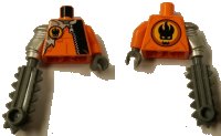 LEGO part Torso Agents Villain with Zipper and Silver Inset Pattern / Orange Arm and Dark Bluish Gray Hand Left / Metallic Silver Mech Arm and Dark Bluish Gray Chainsaw Right 973pb0487c01
