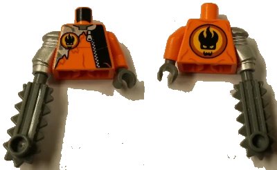 LEGO onderdeel Torso Agents Villain with Zipper and Silver Inset Pattern / Orange Arm and Dark Bluish Gray Hand Left / Metallic Silver Mech Arm and Dark Bluish Gray Chainsaw Right (973pb0487c01)