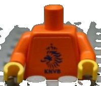 LEGO part Torso Soccer Dutch National Player, KNVB Logo Sticker Front, Black/White Number Sticker Back Pattern (specify number in listing) / Orange Arms / Yellow Hands 973pb0770c01