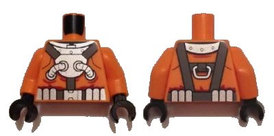LEGO onderdeel Torso Diving Suit Silver Chest Plate and Hoses over Dark Bluish Gray Harness, Silver Diving Weights Pattern / Orange Arms / Black Hands (973pb2016c01)