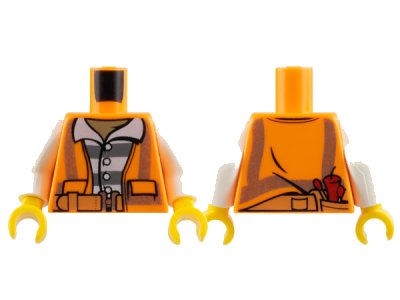 LEGO part Torso Town Prisoner Shirt with Prison Stripes and Orange Vest with Dynamite and Matches on Back Pattern / White Arms / Yellow Hands (973pb2605c01)