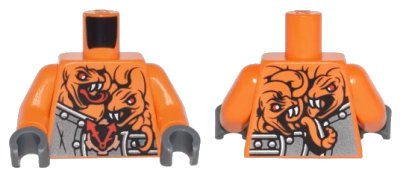 LEGO onderdeel Torso Ninjago Armor with Rivets, Clock and 4 Orange Snakes with Red Eyes and White Fangs Pattern / Orange Arms / Dark Bluish Gray Hands (973pb2614c01)