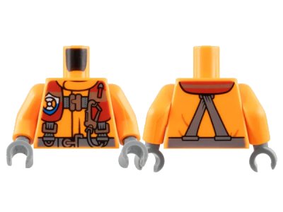 LEGO onderdeel Torso Coast Guard, Jacket with Harness, Belt, Carabiner and Coast Guard Logo Badge Pattern / Orange Arms / Dark Bluish Gray Hands (973pb2856c01)
