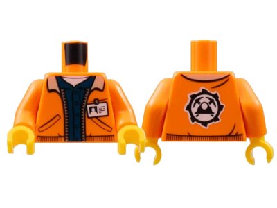LEGO onderdeel Torso Town Jacket with Pockets over Dark Blue Shirt with Name Tag and Miners Logo on Back Pattern / Orange Arms / Yellow Hands (973pb2920c01)