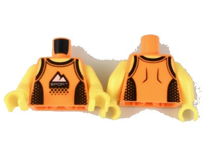 LEGO onderdeel Torso Tank Top with Black Straps and Side Panels, 'SPORT' Logo with White Mountains Pattern / Yellow Arms / Yellow Hands (973pb3169c01)