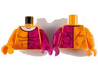 LEGO onderdeel Torso Super Hero Muscles Outline, Magenta Left Side with Scales, Light Nougat Neck Pattern / Magenta Arm Left with Black Scales Pattern / Orange Arm Right with Brown Stripes Pattern / Magenta Hand Left / Orange Hand Right 973pb3744c01