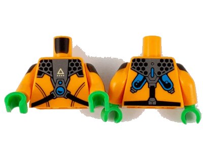 LEGO onderdeel Torso Jumpsuit with Pearl Dark Gray Armor Gear Pattern / Orange Arms with Black Short Sleeve, Stripes and Pearl Dark Gray Insignia Pattern / Bright Green Hands (973pb4141c01)