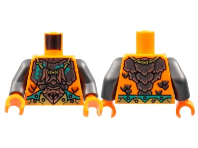 LEGO onderdeel Torso Silver and Copper Snake Head Breastplate, Olive Green Necklace and Belt, Dark Turquoise Trim Pattern / Pearl Dark Gray Arms / Orange Hands (973pb4558c01)