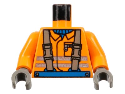 LEGO onderdeel Torso Town Construction Brown Suspenders, Shirt, Safety Stripes Pattern / Orange Arms / Dark Gray Hands (973px177c01)