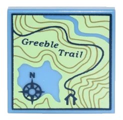 LEGO onderdeel Tile 2 x 2 with Map Topographical Trail with Compass Rose and 'Greeble Trail' Pattern (3068pb1011)