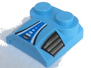 LEGO onderdeel Slope, Curved 2 x 2 x 2/3 with 2 Studs and Curved Sides, Lip End with Blue/White Stripe and Silver Side Vents Pattern (41855pb05)