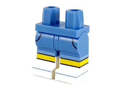 LEGO onderdeel Hips and Legs with Molded White Lower Legs / Boots and Printed Medium Blue Stripe on Toes, Yellow Knees, and Black Pocket Lines on Shorts Pattern (970c00pb1005)