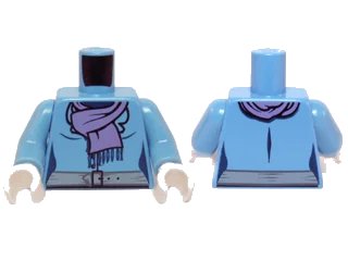 LEGO onderdeel Torso Female with Medium Lavender Scarf with Fringe and Gray Belt Pattern / Medium Blue Arms / White Hands (973pb0962c01)