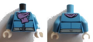 LEGO part Torso Female Jacket with Light Bluish Gray Belt and Silver Buckle, Medium Lavender Scarf Pattern / Medium Blue Arms / White Hands (973pb3311c01)