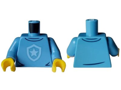 LEGO onderdeel Torso Police Shirt with Bright Light Blue Star Badge Logo, Dark Blue Collar and Wrinkles Pattern / Medium Blue Arms / Yellow Hands (973pb5061c01)