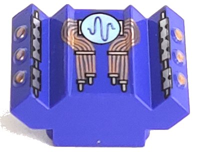 LEGO onderdeel Brick, Modified 2 x 2 No Studs, Sloped with Angled Side Block Extensions with Copper Wires, Wavy Line Pulse on White Circle Pattern (30601pb07)