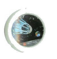 LEGO part Throwing Disk with Throwbot Flare 2 Pips, LEGO Technic Logo, and Meteor Heading to Sectioned Planet Pattern 32171pb055