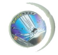 LEGO part Throwing Disk with Throwbot Spark 4 Pips, LEGO Technic Logo, and Meteor Impact Pattern 32171pb057