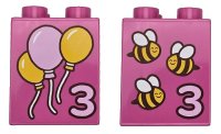 LEGO part Duplo, Brick 2 x 2 x 2 with Number 3 and Yellow and Bright Pink Balloons / Bees with Dark Brown Stripes and White Wings Pattern 31110pb196