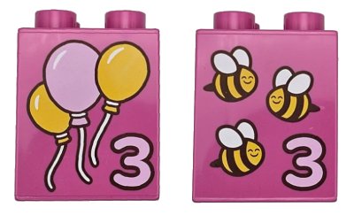 LEGO onderdeel Duplo, Brick 2 x 2 x 2 with Number 3 and Yellow and Bright Pink Balloons / Bees with Dark Brown Stripes and White Wings Pattern (31110pb196)