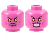 LEGO onderdeel Minifigure, Head Dual Sided Thin Black Moustache, Yellow Eyes, Magenta Cheek Lines and Chin Dimple, Frown / Bared Teeth Pattern 3626pb1269