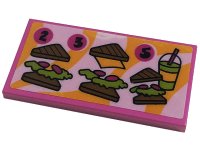 LEGO part Tile 2 x 4 with Menu with Black Number 2, 3 and 5, Sandwiches and Smoothie on Bright Light Orange and Bright Pink Background Pattern (Sticker) - Set 41444 87079pb0956