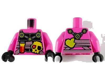 LEGO onderdeel Torso Ninjago Black Breastplate with Silver Straps, Pixelated Flask, Skull, and Heart Pattern / Dark Pink Arms / Black Hands (973pb3769c01)