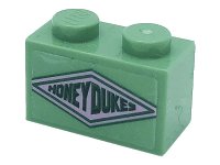 LEGO part Brick 1 x 2 with Dark Green 'HONEYDUKES' on Bright Pink Diamond Pattern (Sticker) - Set 76388 3004pb250