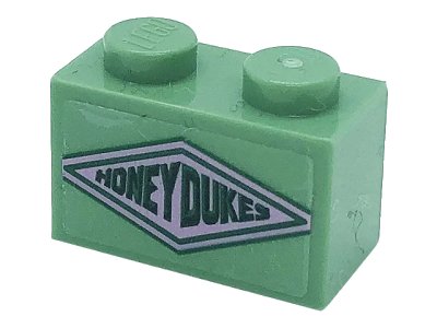 LEGO onderdeel Brick 1 x 2 with Dark Green 'HONEYDUKES' on Bright Pink Diamond Pattern (Sticker) - Set 76388 (3004pb250)