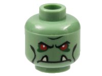 LEGO part Minifigure, Head Alien Troll with Red Eyes, Black Eyebrows and Cheek Lines, Dark Green Eye Shadow, and Frown with Tan Lower Fangs Pattern 3626pb0280